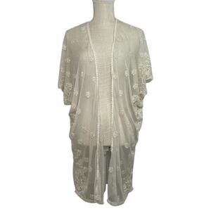 Haute Society Creamy White Floral Mesh Lace Women's Long Sheer Kimono Top | 1X